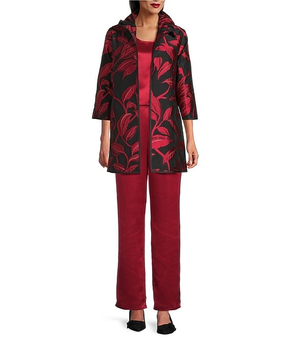 Caroline Rose Caroline Rose Luxe Leaf Pattern Devore Ruched Collar 3/4 Sleeve Open-Front Statement Jacket, Red/Black - Image 3
