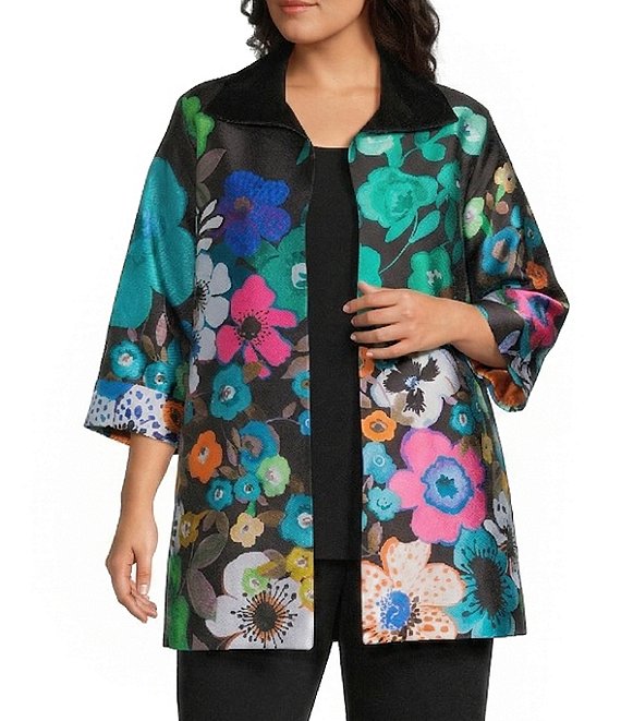 Caroline Rose Plus Mikado Bight Multi Floral Print Spread Collar Cuffed Bracelet Sleeve Open-Front Long Statement Jacket