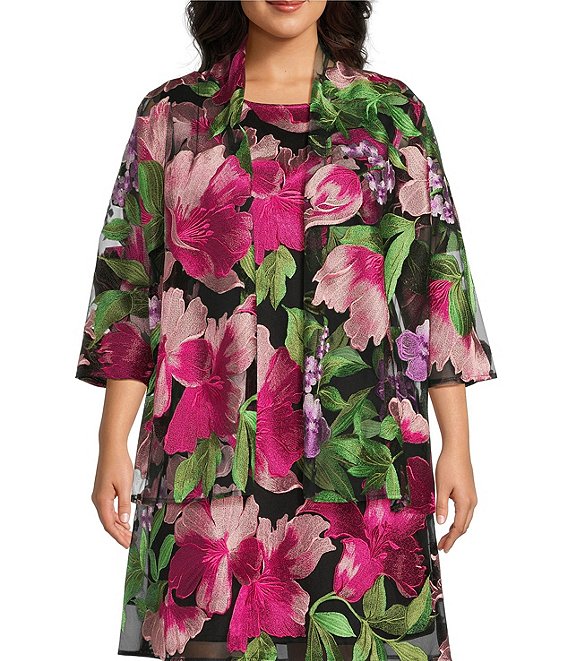 冬ギフト セ Caroline Rose 3/4 Mesh Embroidered Blooms Abundant Size Plus トップス