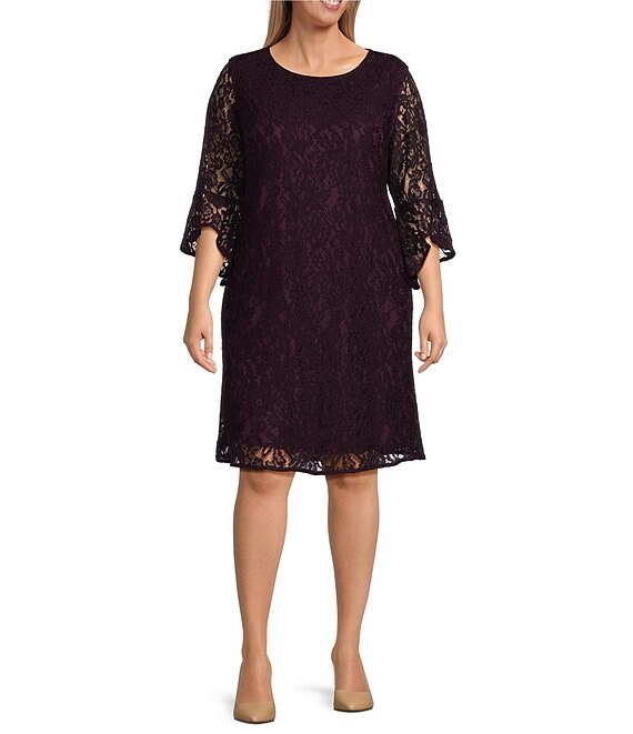 Color:Aubergine - Image 1 - Plus Size Julia Floral Lace 3/4 Ruffled Bell Sleeve Shift Dress