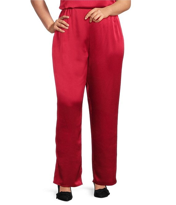 Caroline Rose Plus Size Satin Straight Leg Pull-On Coordinating Pants, Red - Image 1