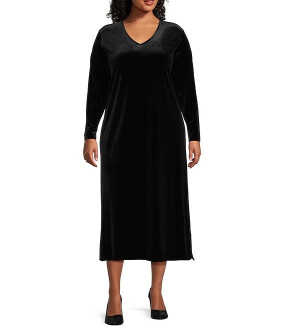 Caroline Rose Plus Size Stretch Velvet V-Neck Long Sleeve Caftan Maxi ...