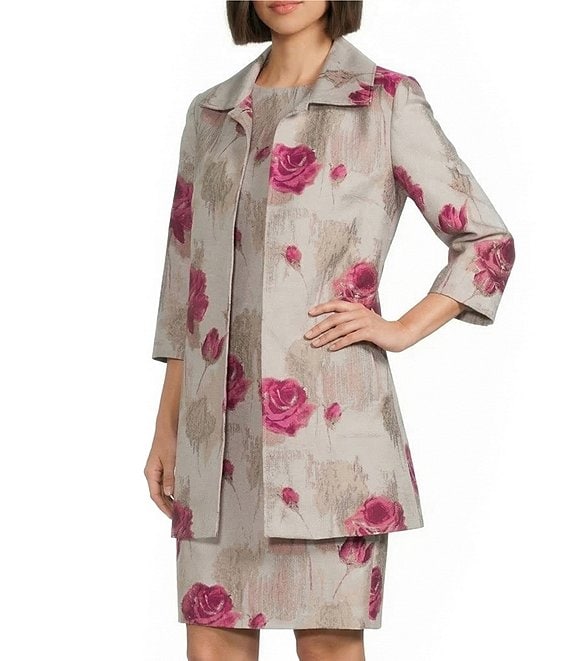 Caroline Rose Romantic Rose Jacquard Notched Collar 3/4 Sleeve Open-Front Coordinating Statement Jacket