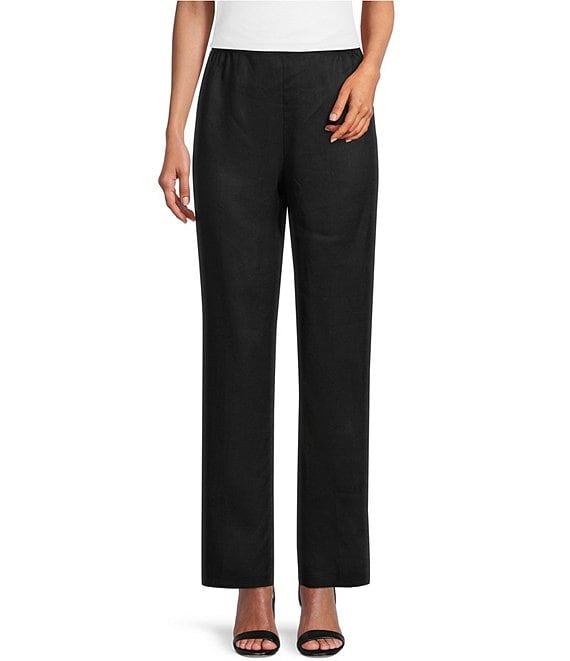 Color:Black - Image 1 - Solid Linen Straight Leg Coordinating Pull-On Pants