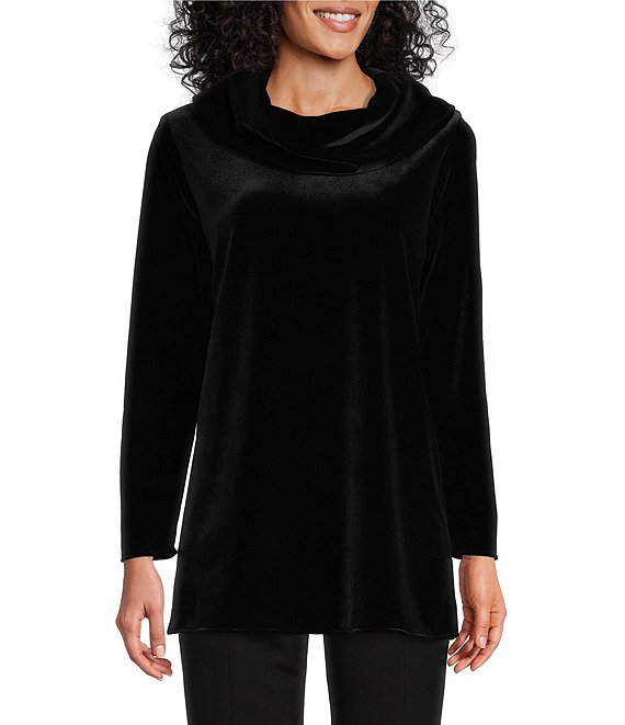 Color:Black - Image 1 - Stretch Velvet Knit Cowl Neck Long Sleeve Tunic