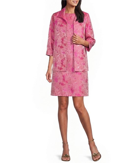 Caroline Rose Tonal Shimmer Jacquard Spread Collar Cuffed Bracelet Sleeve Open-Front Statement Coordinating Jacket