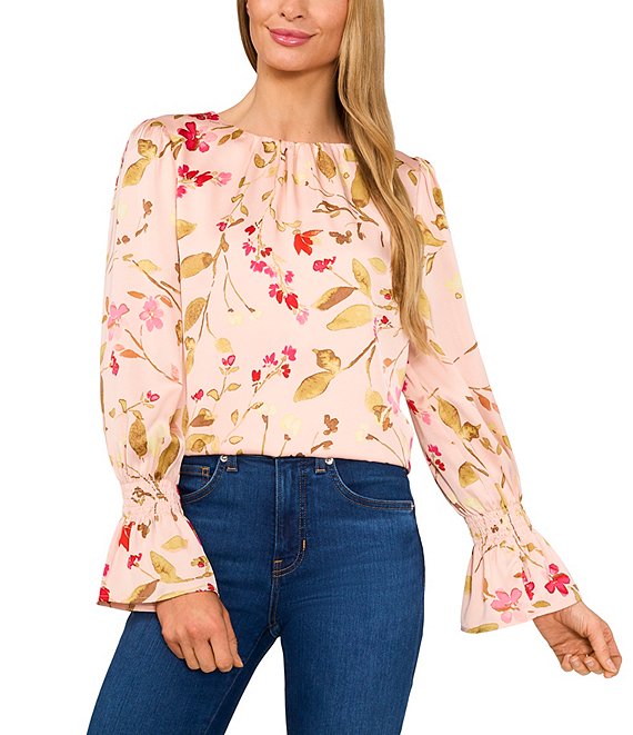CeCe Charmeuse Floral Print Crew Neck Smocked Cuff Long