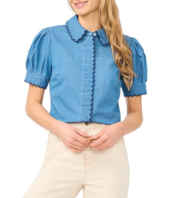 CeCe Collar Short Sleeve Scallop Trim Button Down Top