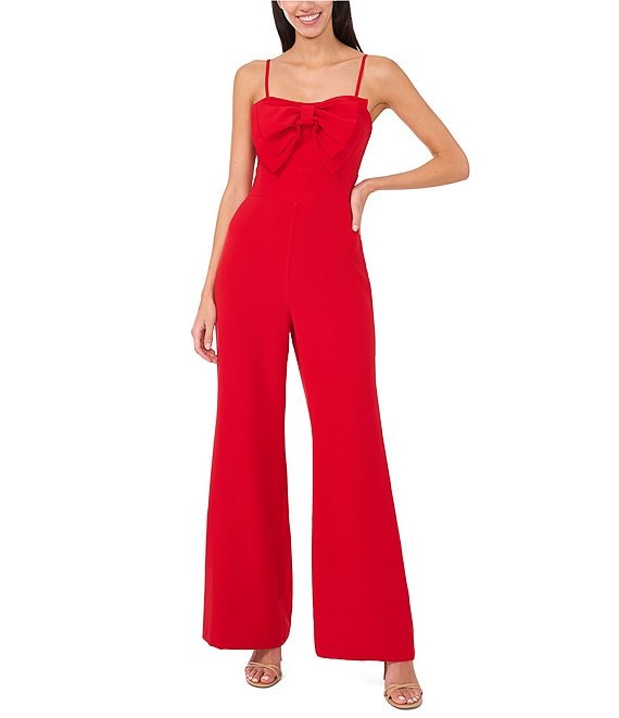 CeCe Crepe Sweetheart Neck Bow Front Sleeveless Spaghetti Strap Fitted Long Flare Leg Jumpsuit