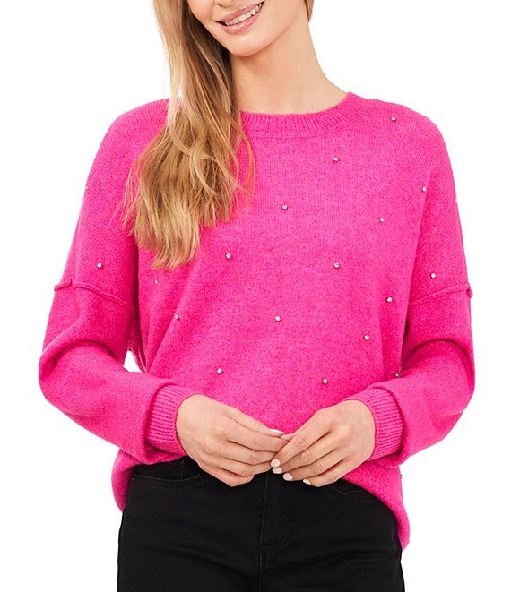 CeCe Crew Neck Drop Shoulder Long Sleeve Rhinestone Jersey Knit