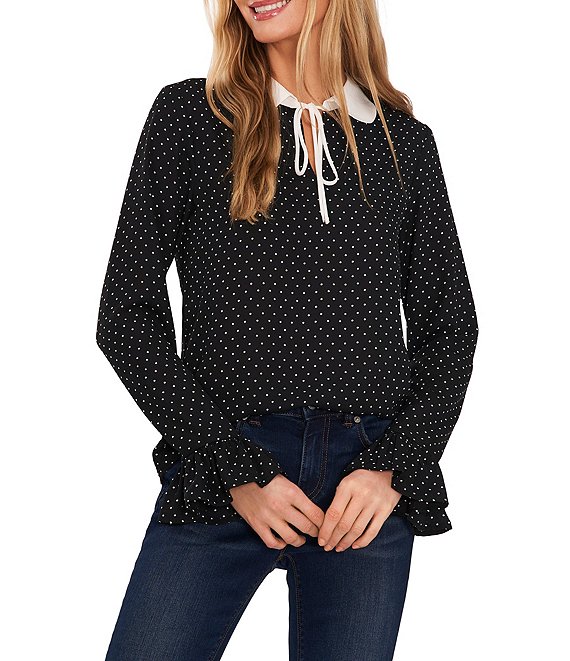 Color:Rich Black - Image 1 - Dotted Print Long Sleeve Ruffle Cuff Peter Pan Collar Tie Front Georgette Blouse