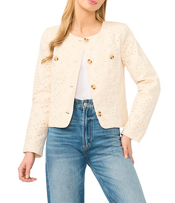 CeCe Eyelet Textured Round Neck Long Sleeve Button Front Jacket