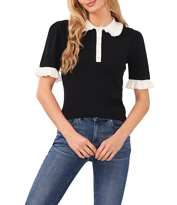 CeCe Knit Ruffle Collar Short Sleeve Partial Button Front Blouse