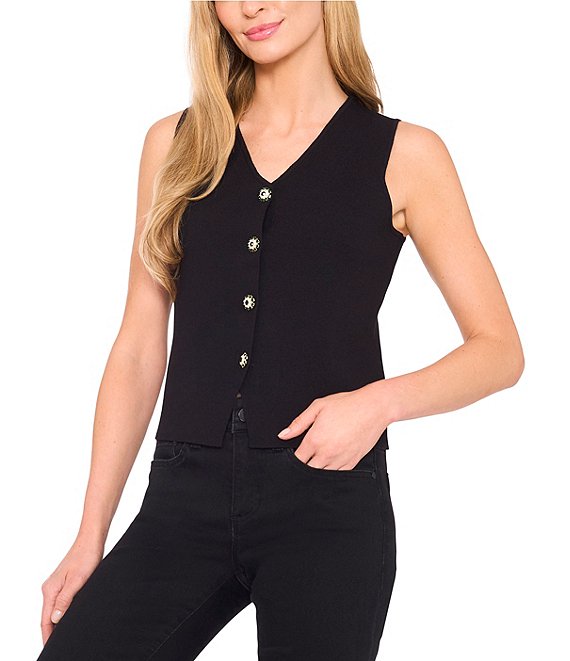 CeCe Cece Knit V-Neck Jewel Button Front Vest, Rich Black - Image 1