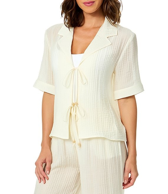 CeCe Linen Blend Short Sleeve Tie Front Shirt Swim Cover-Up