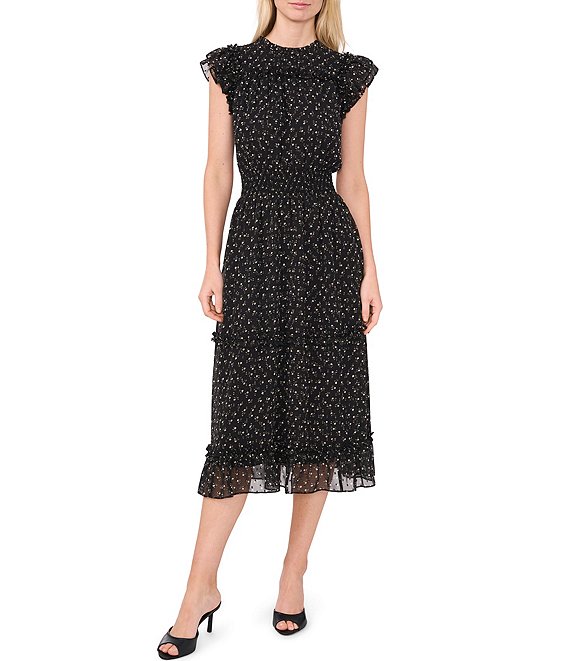 CeCe Mock Neck Flutter Cap Sleeve Polka Dot Midi Dress Dillard s