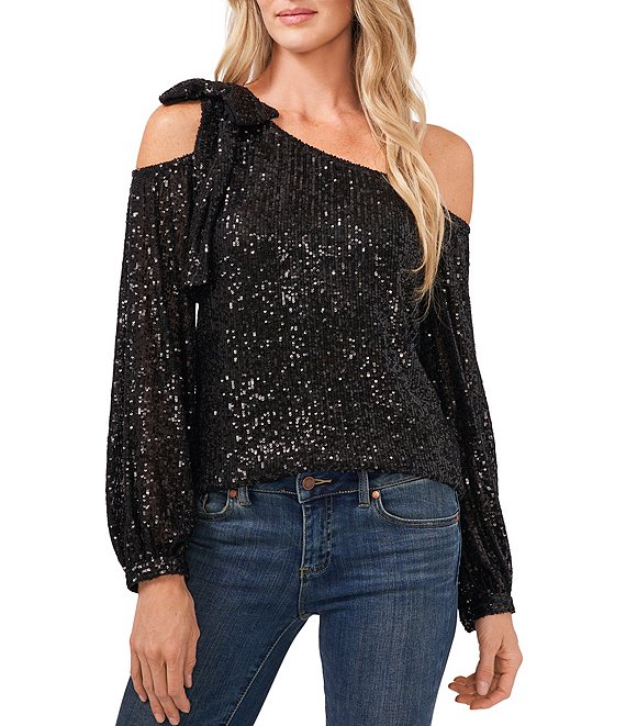 Color:Rich Black - Image 1 - One Shoulder Long Sleeve Sequined Bow Blouse