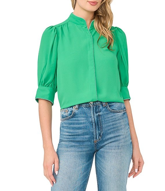 CeCe Pearce Collar Elbow Sleeve Contrast Stitch Button Front Blouse