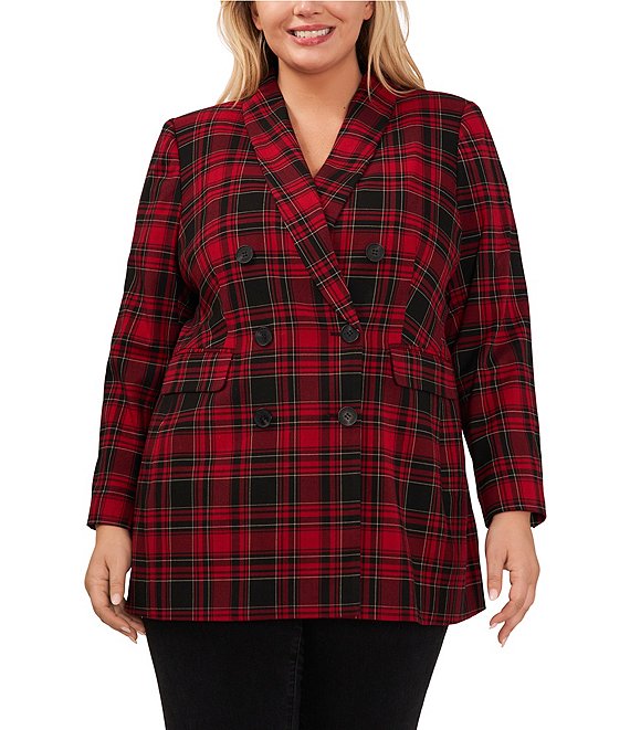 CeCe Plus Size Checkered Plaid Print Double Breasted Long Sleeve Shawl  Lapel Twill Blazer