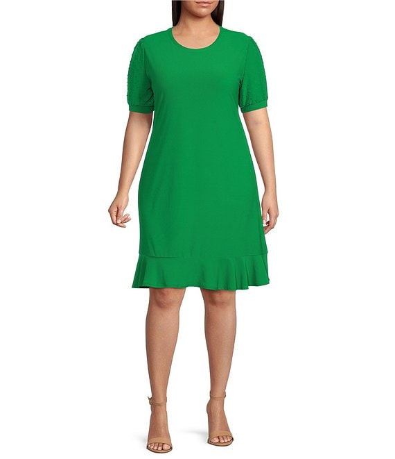 Color:Lush Green - Image 1 - Plus Size Clip Dot Crew Neck Short Sleeve Knit Dress