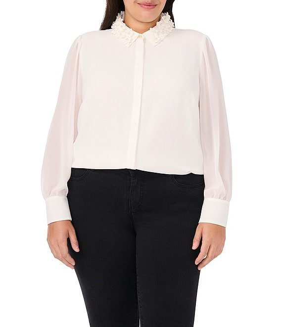 CeCe Plus Size Georgette Floral 3D Applique Pointed Collar Long Sleeve Hidden Button Front Blouse