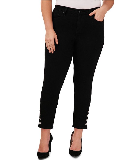 Color:Mod Black - Image 1 - Plus Size High-Rise Indigo Denim Pearl Button Hem Skinny Jeans