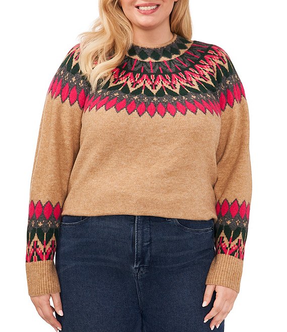 Color:Latte Heather - Image 1 - Plus Size Long Sleeve Funnel Neck Argyle Sweater