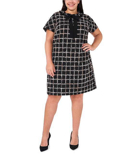 Cece Plus Size Plaid Gauze Tweed Ruffle Platter Tie Collar Short Sleeve Above The Knee Shift Dress 14W