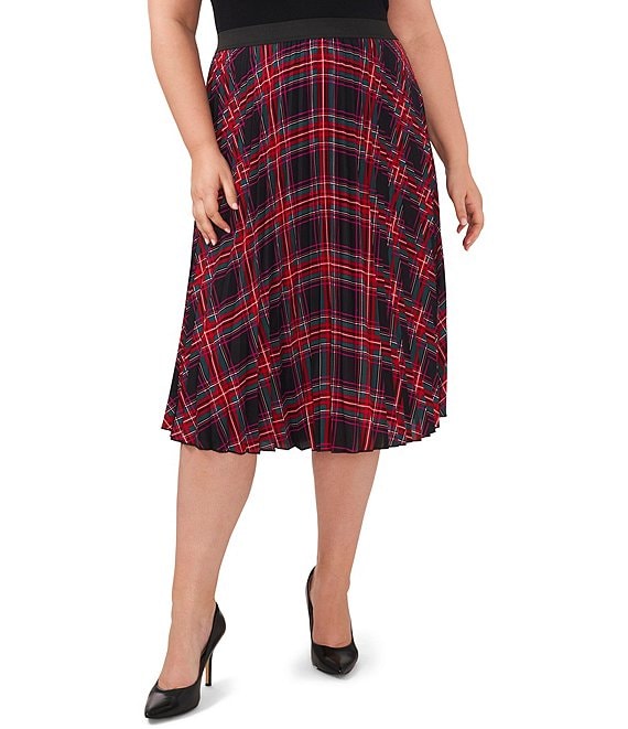 CeCe Plus Size Plaid Pleated Pull-On Coordinating Midi Skirt