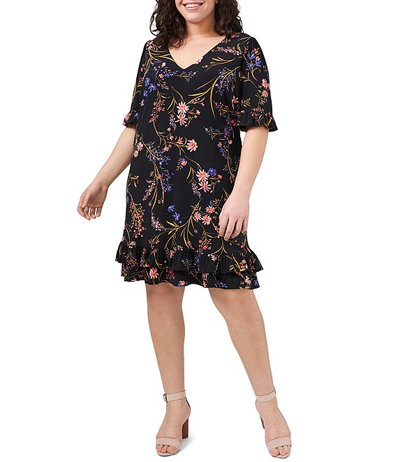 Color:Rich Black - Image 1 - Plus Size V-Neck Ruffled Short Sleeve Floral Print Knit Dress