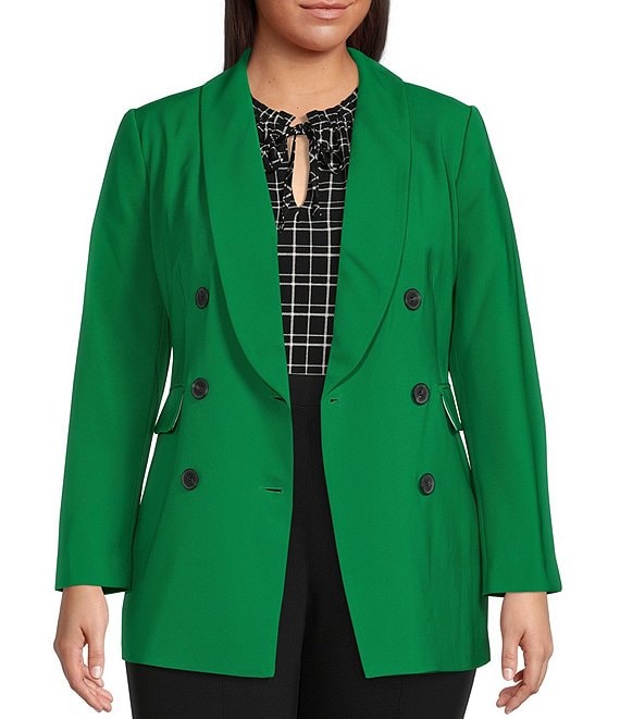 Color:Lush Green - Image 1 - Plus Size Twill Double Breasted Shawl Collar Long Sleeve Blazer