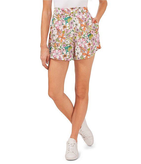 Color:Sweet Pink - Image 1 - Retro Floral Print High Waisted Pleat Front Shorts