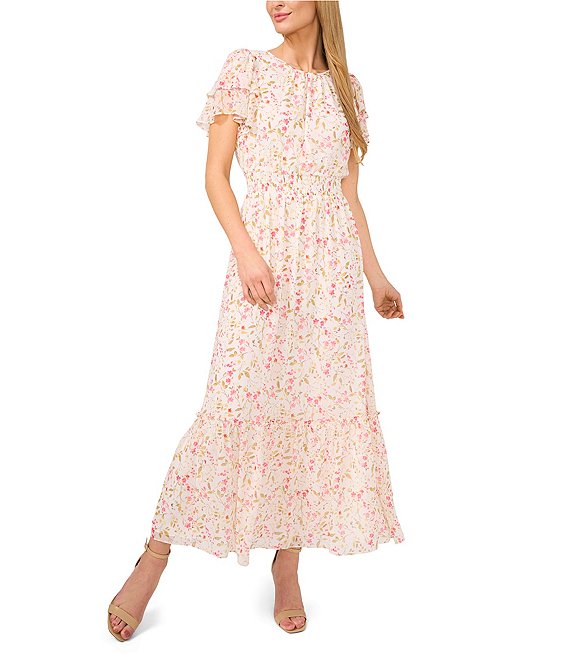 New Round Neck Print Cropped Sleeve A-Line Dress