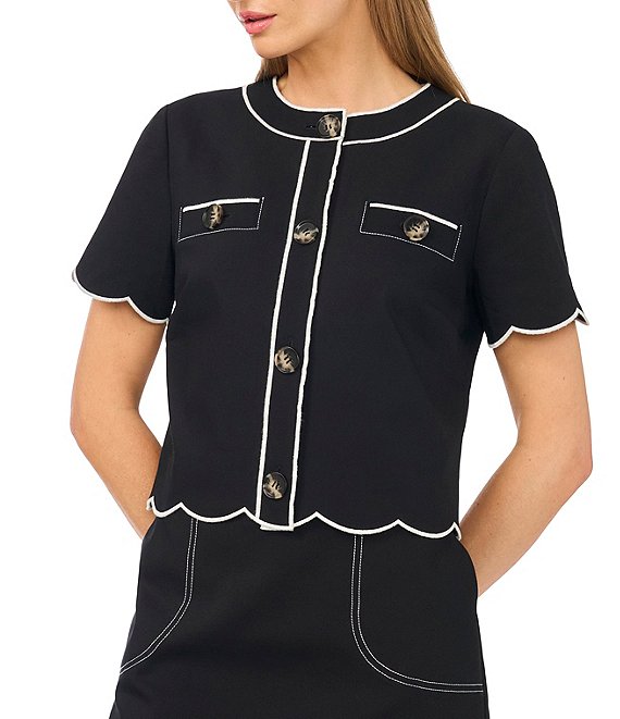 CeCe Round Neck Short Sleeve Scallop Coordinating Jacket