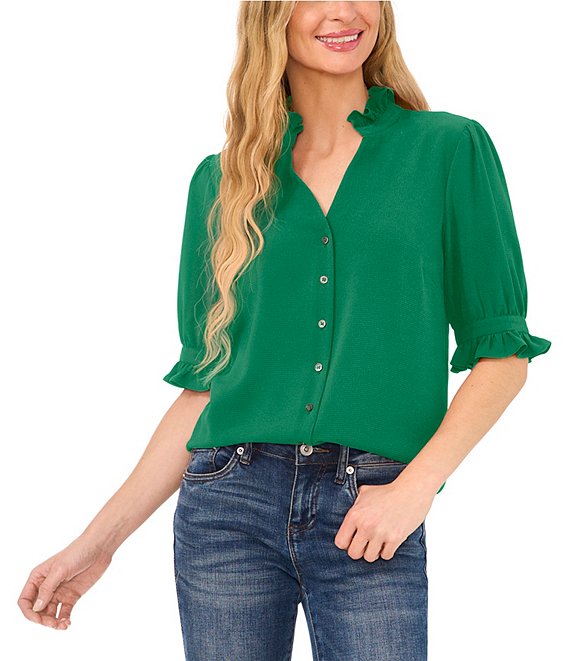 CeCe Ruffle V-Neck Elbow Sleeve Button Down Blouse