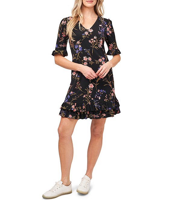 Color:Rich Black - Image 1 - Floral Print Tiered Ruffled Hem Short Elbow Sleeve V-Neck Knit Dress