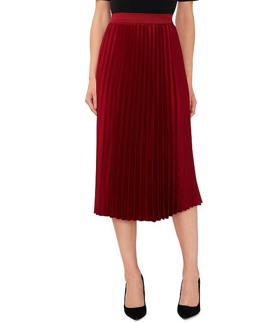 Color:Mulberry Red - Image 1 - Satin Pleated A-Line Midi Skirt