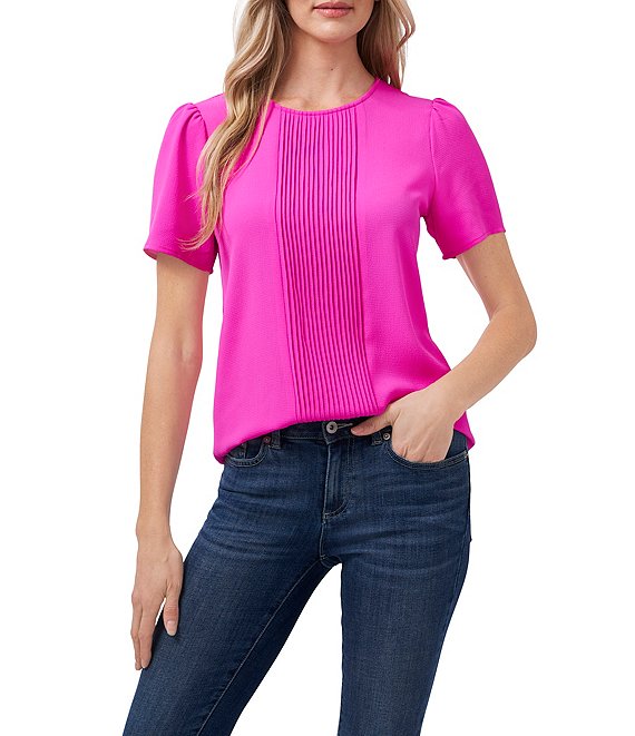 Color:Magenta Glow - Image 1 - Short Sleeve Pleated Front Jewel Neck Blouse