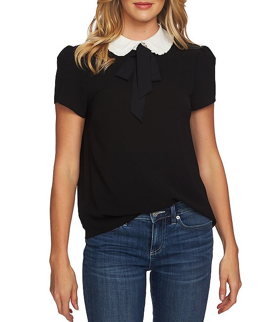 Color:Rich Black - Image 1 - Short Sleeve Ruffle Trimmed Peter Pan Collar Tie Neck Blouse