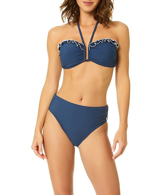 CeCe Solid Contrast Ruffle Halter Swim Top & Solid Mid Rise Hipster Swim Bottom