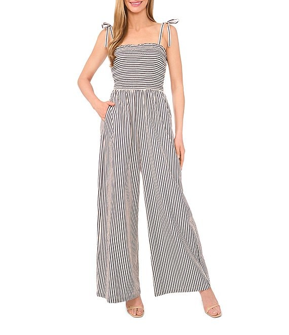 CeCe Stripe Tie Strap Smocked Bodice Wide Leg Jumpsuit