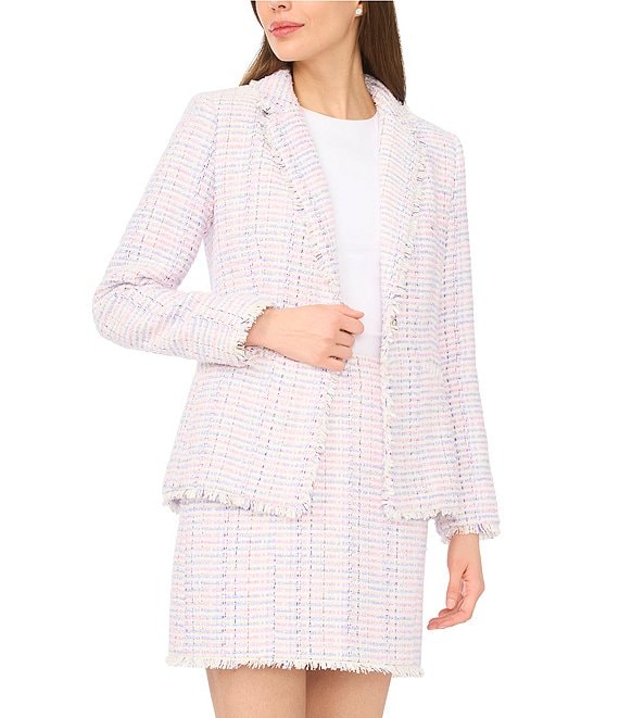 CeCe Tweed Notch Lapel Long Sleeves Single Button Blazer