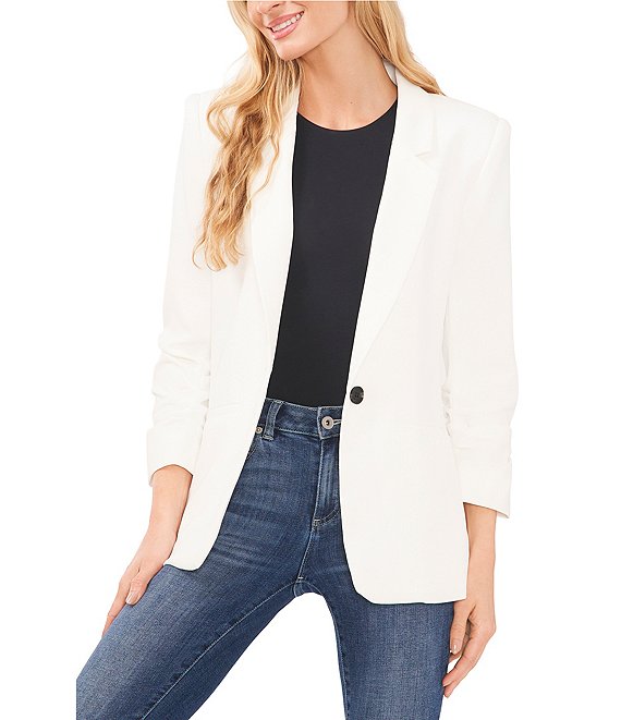 Color:New Ivory - Image 1 - Twill Long Sleeve Notch Lapel One Button Blazer