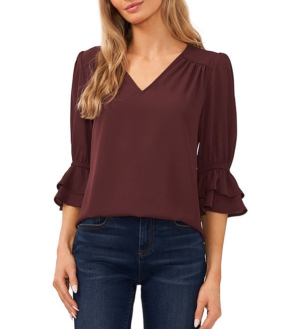 CeCe V-Neck Elbow Ruffle Sleeve Top | Dillard's