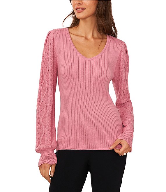 CeCe V-Neck Long Cable Sleeve Scalloped Cuff Sweater | Dillard's