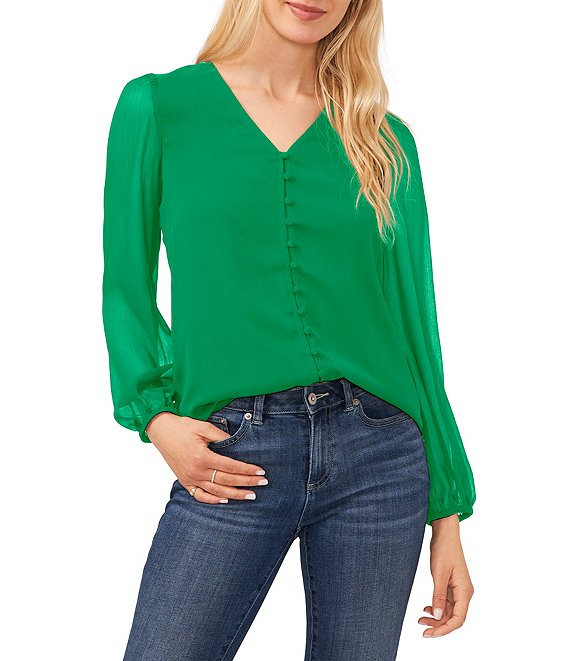 CeCe V-Neck Long Elastic Cuff Sleeve Button Front Blouse | Dillard's