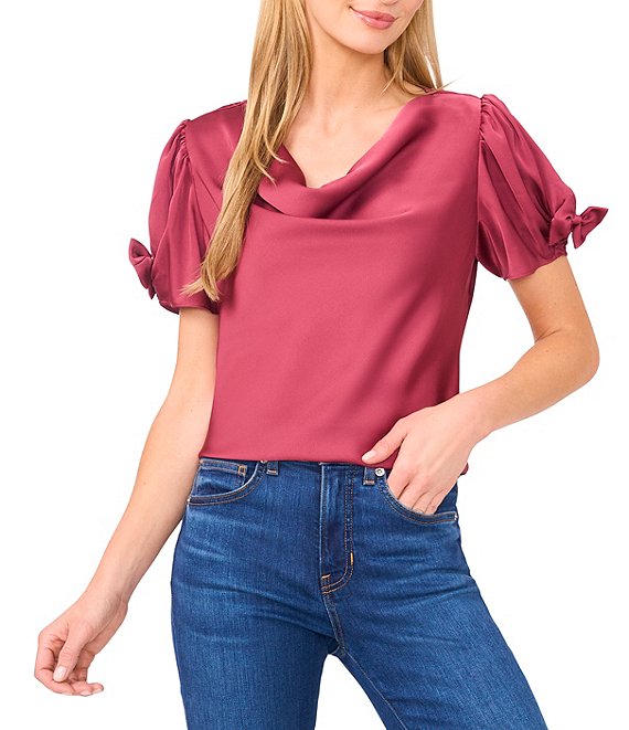 Cece Woven Cowl Neck Short Bubble Sleeve Top