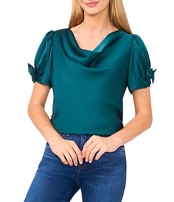 CeCe Cece Woven Cowl Neck Short Bubble Sleeve Top, Dark Forest - Image 1