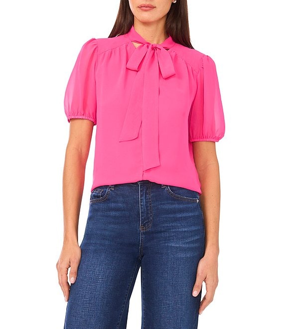 CeCeTie Neck Short Puff Sleeve Blouse