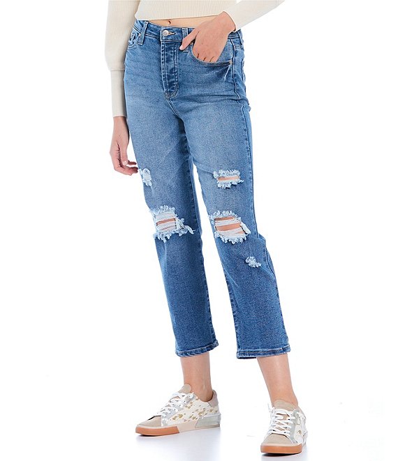 Color:Great News - Image 1 - High Rise Distressed Straight Crop Jeans